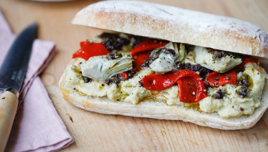 Artichoke and Piquillo Sandwich with Black Olive Dressing
